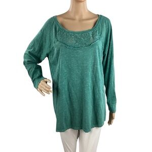 Sundance Teal Crochet Detail Long Sleeve Cotton Tunic Top Size L